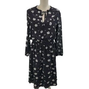J. Crew Black White Floral Printed Tie Beck Dress Size Large Long Sleeve Elastic